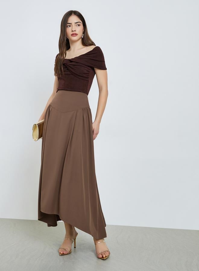Styli Coffee Brown Asymmetric Hem Maxi Skirt - Image 4